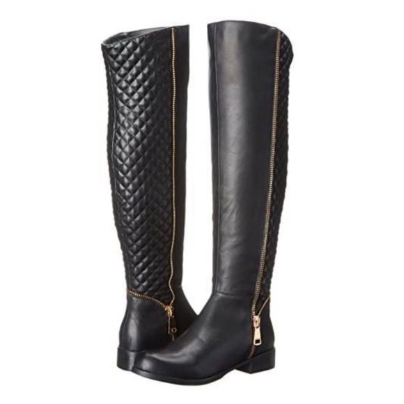 Diba Shoes - Diba True Black Quilted Leather Gold Zip Over the Knee 1” Heel Flat Boots SZ 8
